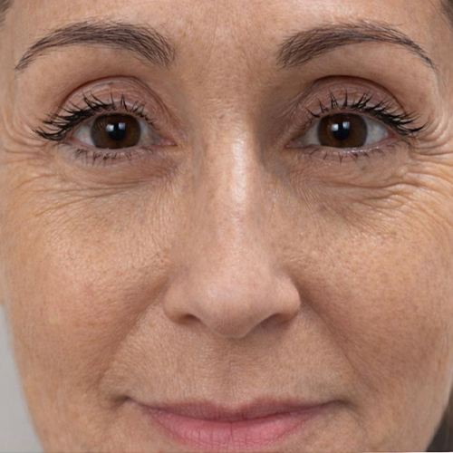 Close-up of a middle-aged woman with brown eyes, natural makeup, fine lines and textured skin