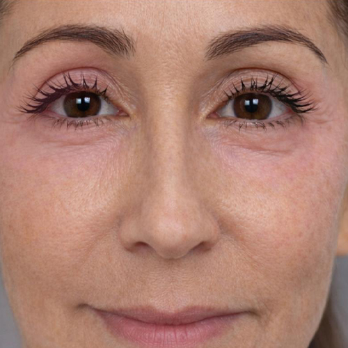 Close-up of a middle-aged woman with brown eyes, light makeup and natural skin texture, subtle smile.
