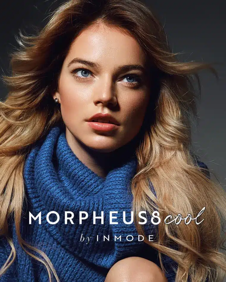 Woman in a blue knit sweater, Morpheus8 Cool campaign image by InMode