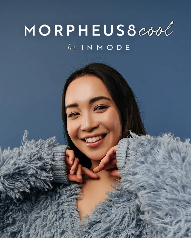 Smiling woman in a gray faux-fur coat, Morpheus8 Cool campaign image by InMode